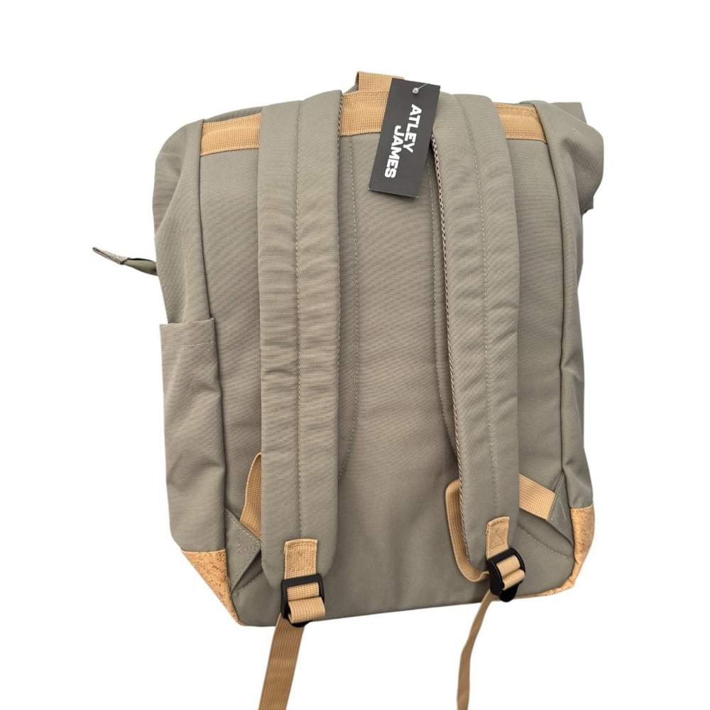 NWT Atley James Dakota Roll-Top Backpack - Khaki Tan with Cork Accents - Picture 3 of 4